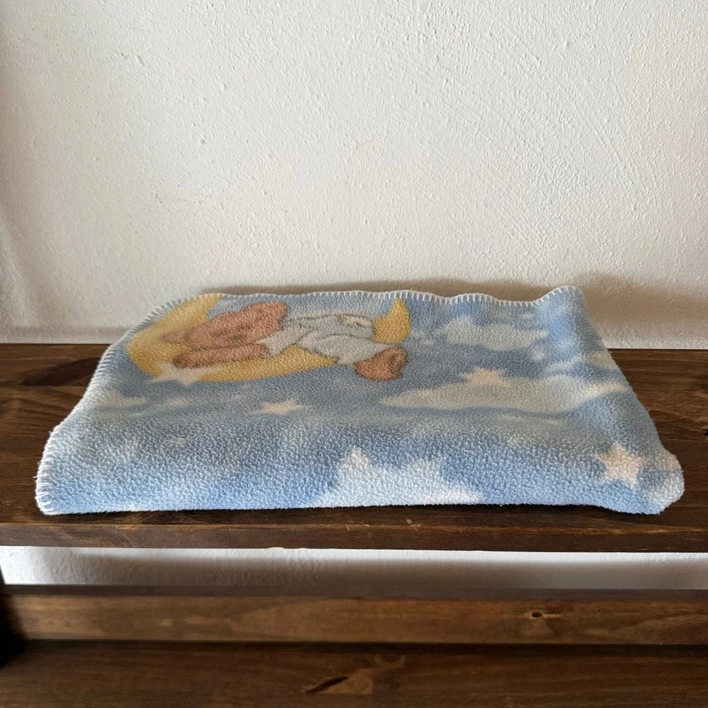 Vintage Dolly Boyd's Collection Teddy Bear Baby Blanket Moon Stars Blue 28x36